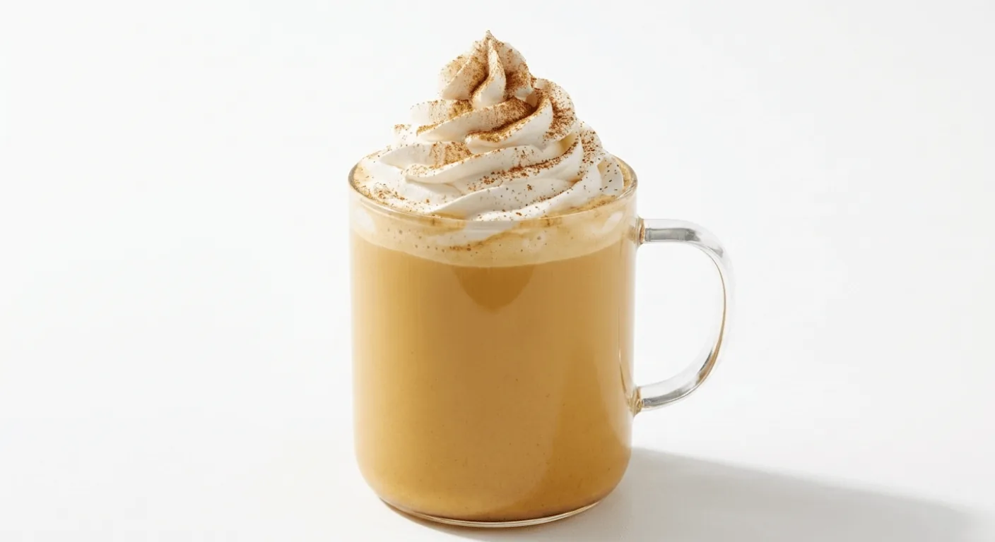 Starbucks Pumpkin Spice Latte (Short), pumpkin spice latte topped with whipped cream and spice in a glass mug, nutrition and calories