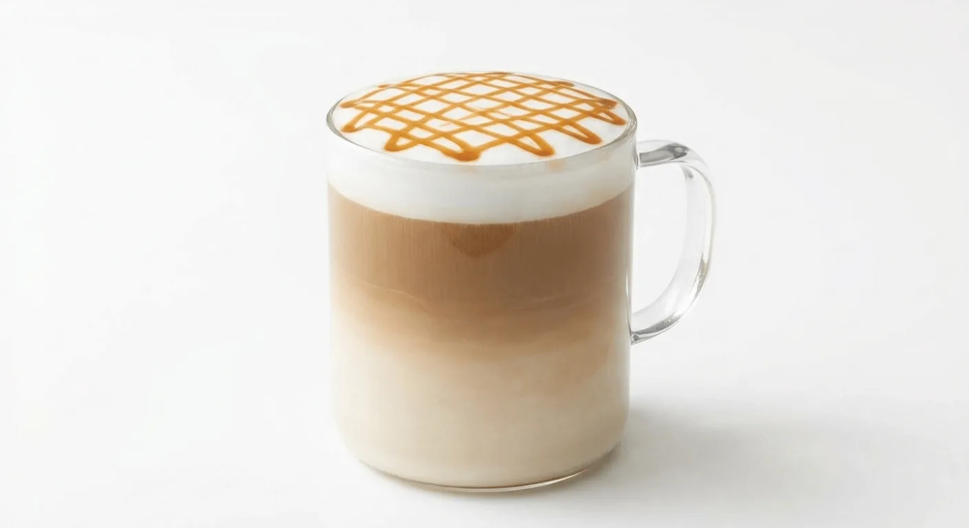 Starbucks Pumpkin Spice Caramel Macchiato (Venti), layered pumpkin spice macchiato with caramel drizzle in a glass mug, nutrition and calories