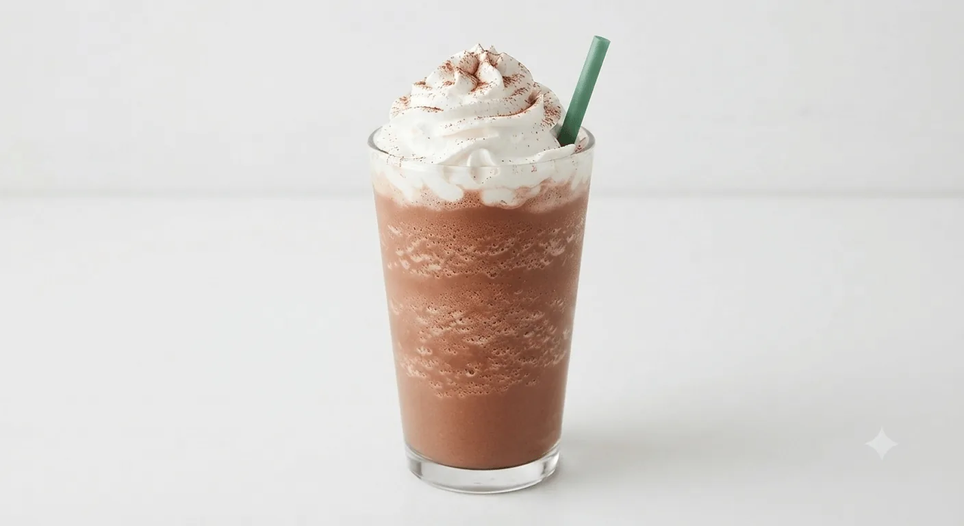 Starbucks Mocha Frappuccino (Grande), blended mocha iced coffee topped with whipped cream and a green straw in a clear glass, nutrition and calories