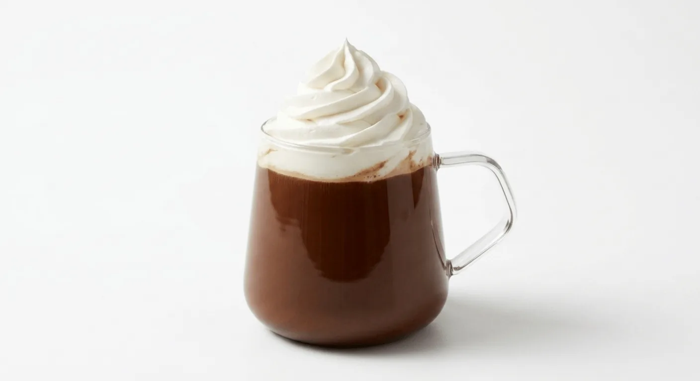 Starbucks Mocha (Short), hot mocha topped with whipped cream in a glass mug, nutrition and calories