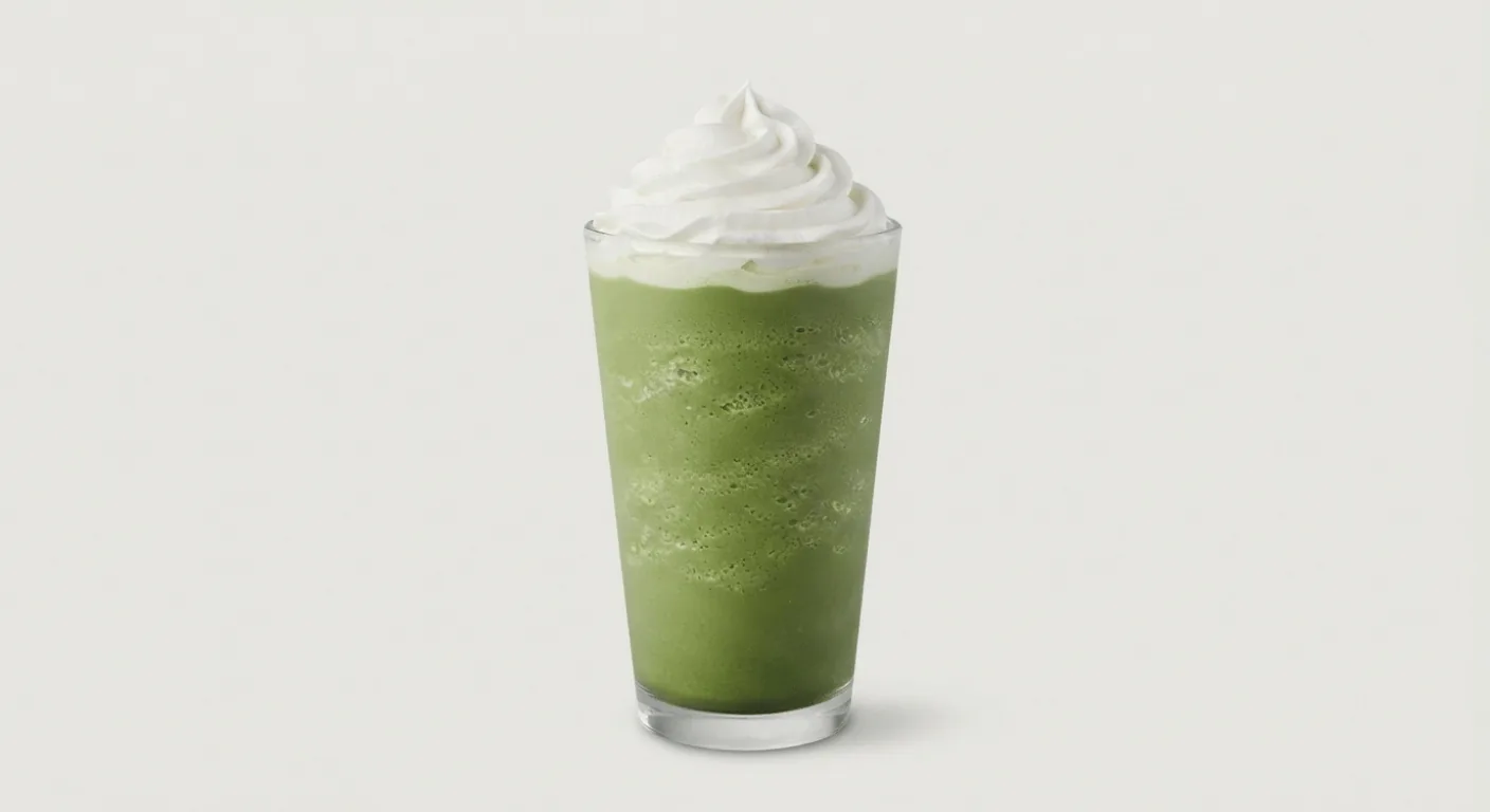 Starbucks Matcha Cream Frappuccino (Grande), green matcha blended cream drink topped with whipped cream in a clear glass, nutrition and calories