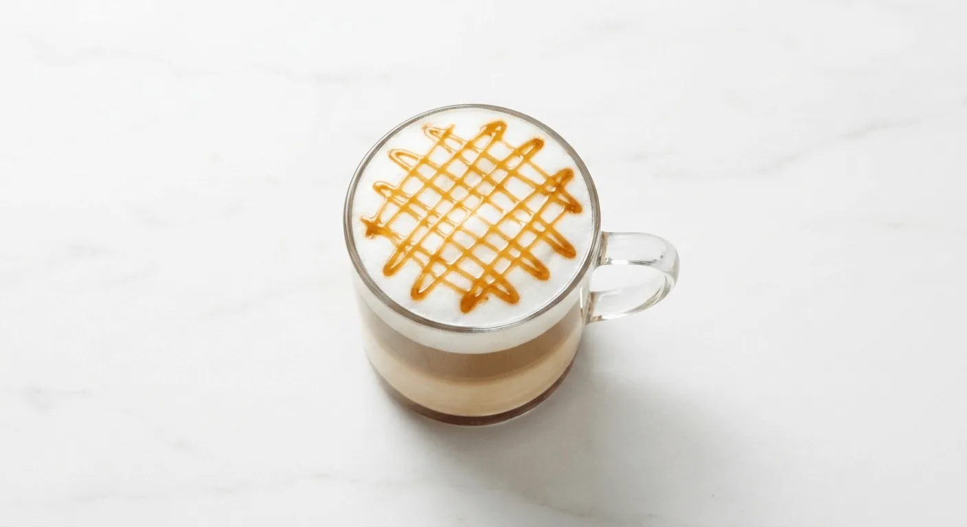 Starbucks Maple Pecan Macchiato (Grande), layered macchiato with a caramel crosshatch on milk foam in a glass mug, nutrition and calories