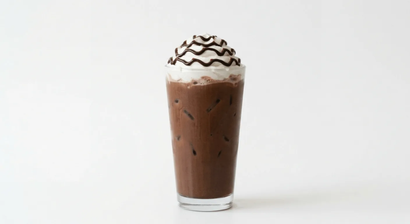 Starbucks Iced Chocolate (Tall, Oat Milk), iced chocolate topped with whipped cream and chocolate drizzle in a clear glass, nutrition and calories