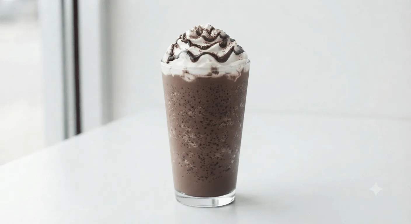 Starbucks Java Chip Frappuccino (Grande), blended coffee with chocolate chips topped with whipped cream and chocolate drizzle in a clear glass, nutrition and calories