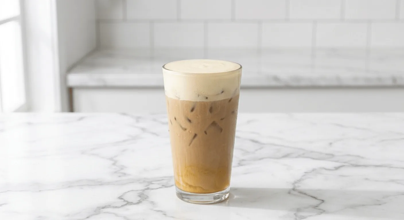 Starbucks Iced Caramelised Banana Flavour Latte (Venti), iced latte with a foam top over ice in a clear glass, nutrition and calories