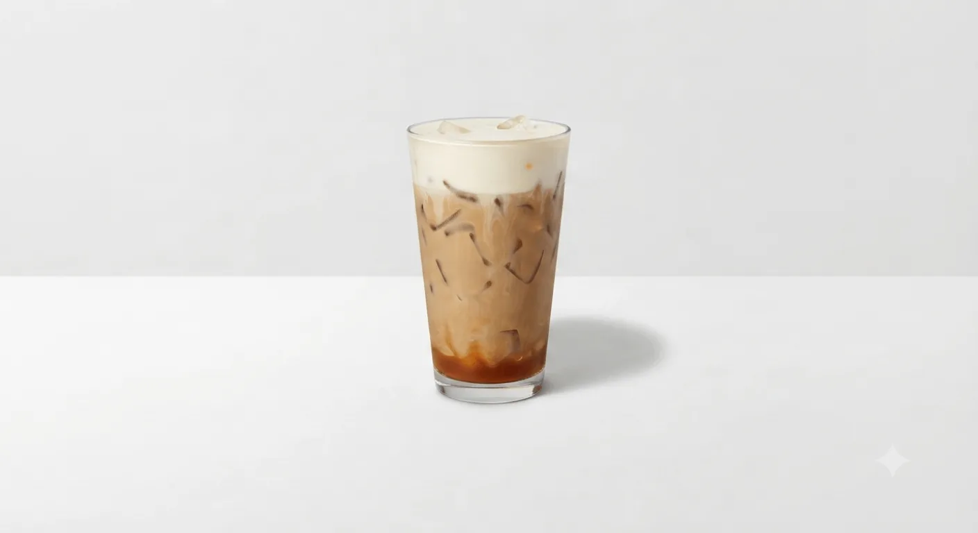 Starbucks Iced Caramel Protein Latte (Grande), iced caramel latte over ice in a clear glass, nutrition and calories