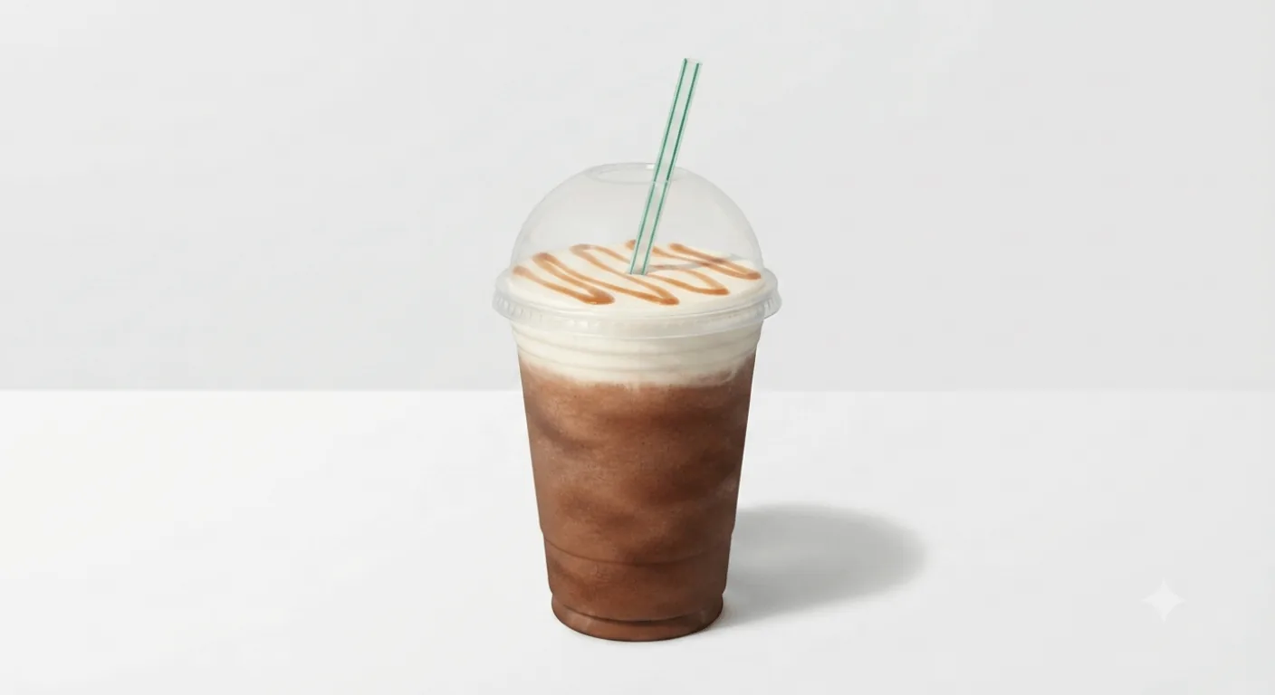 Starbucks Caramel Mocha Cloud Frappuccino (Grande), iced caramel mocha with a caramel cloud topping in a clear cup with a domed lid and straw, nutrition and calories