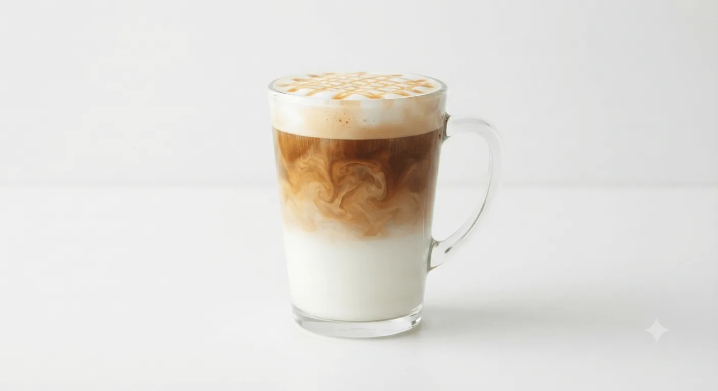 Starbucks Caramel Macchiato (Grande), layered caramel macchiato with caramel drizzle in a glass mug, nutrition and calories