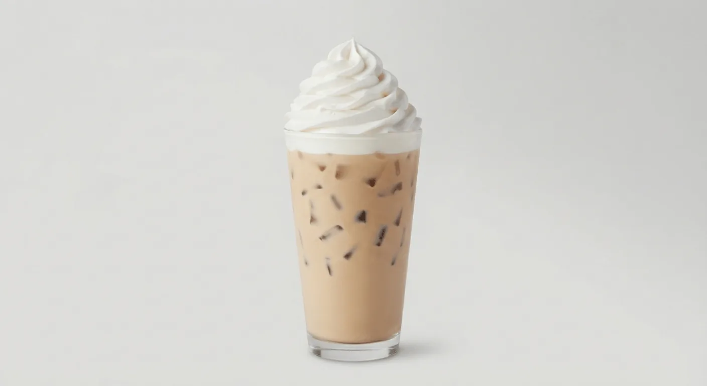 Starbucks Iced White Mocha (Venti), iced white chocolate mocha topped with whipped cream in a clear glass, nutrition and calories