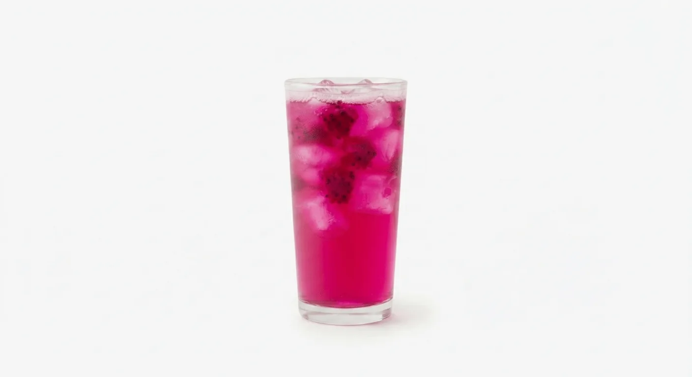 Starbucks Mango Dragonfruit Starbucks Refresha Drink (Venti), bright pink mango dragonfruit refresher with fruit pieces over ice in a tall glass, nutrition and calories