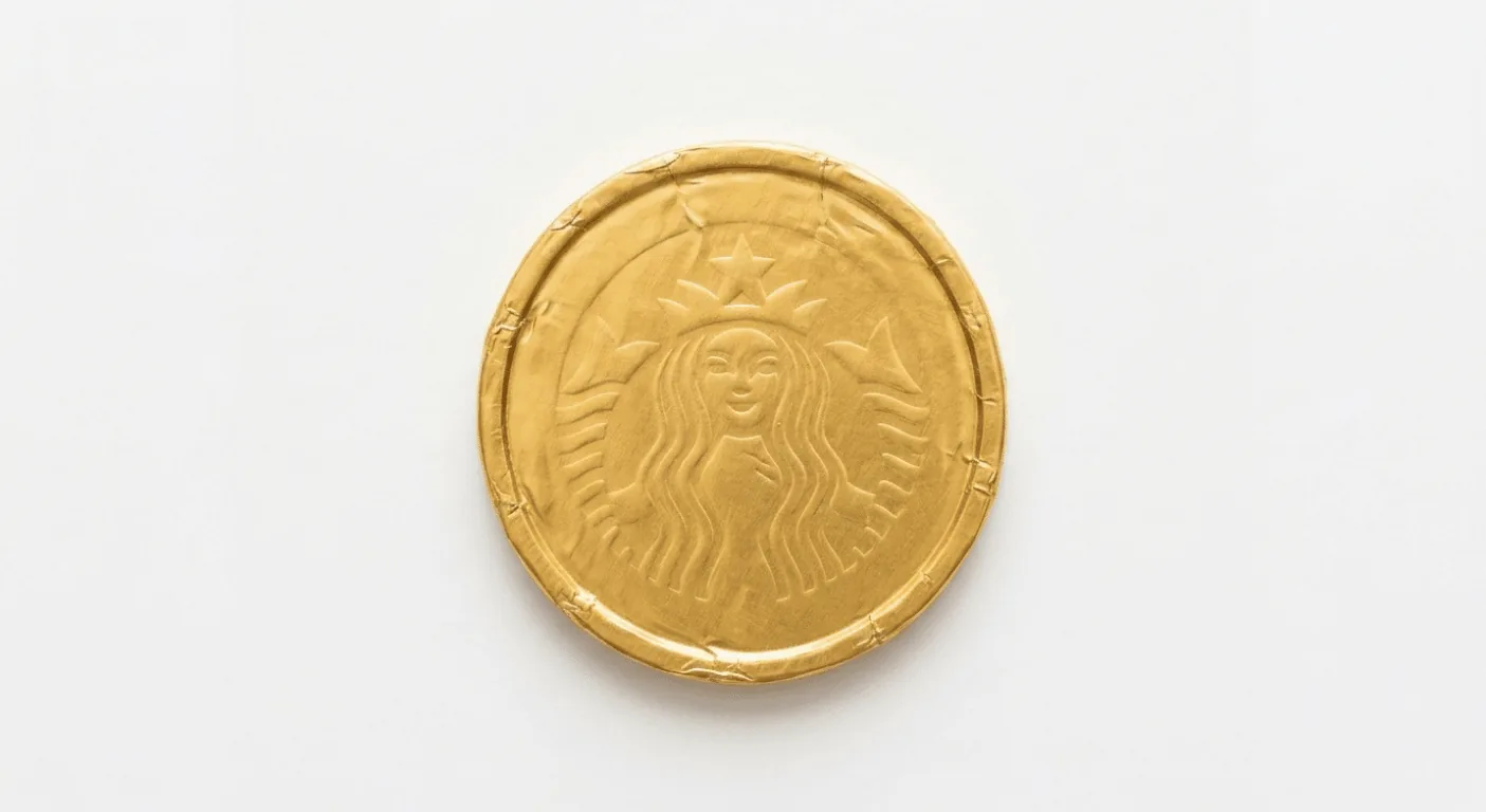 Starbucks Chocolate Gold Coin, round chocolate coin wrapped in gold foil, nutrition and calories