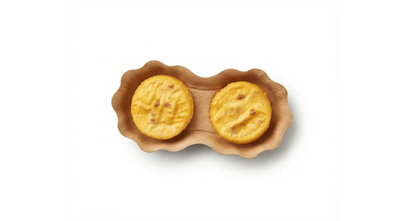 Starbucks Egg Bites with Three Cheese & Ham, two round egg bites in a paper tray, nutrition and calories