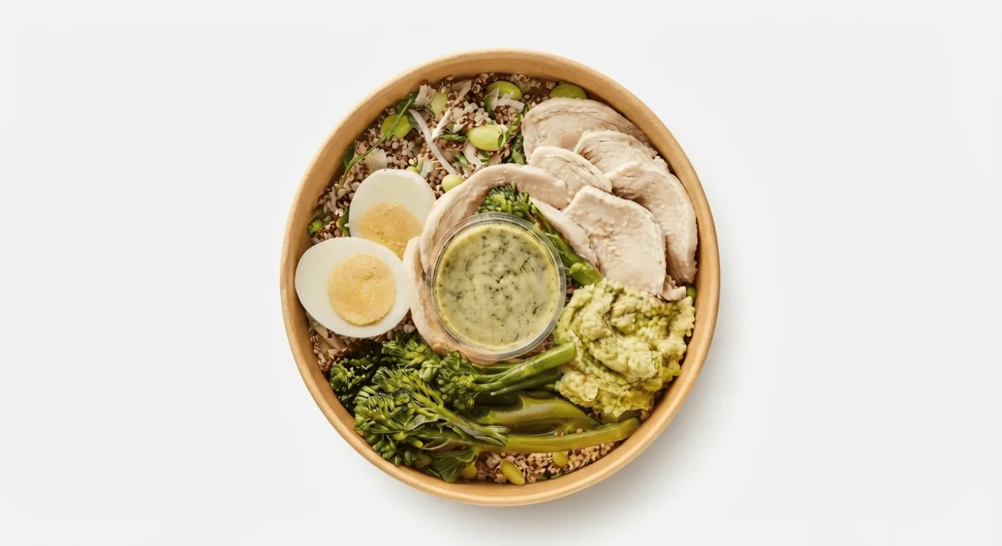 Starbucks Green Goddess Chicken Bowl, bowl of sliced chicken, boiled egg, greens and green goddess dressing, seen from above, nutrition and calories