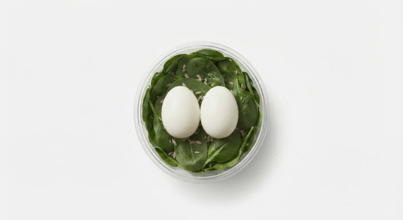 Starbucks Egg & Spinach Protein Pot, pot of boiled eggs on a bed of spinach, seen from above, nutrition and calories