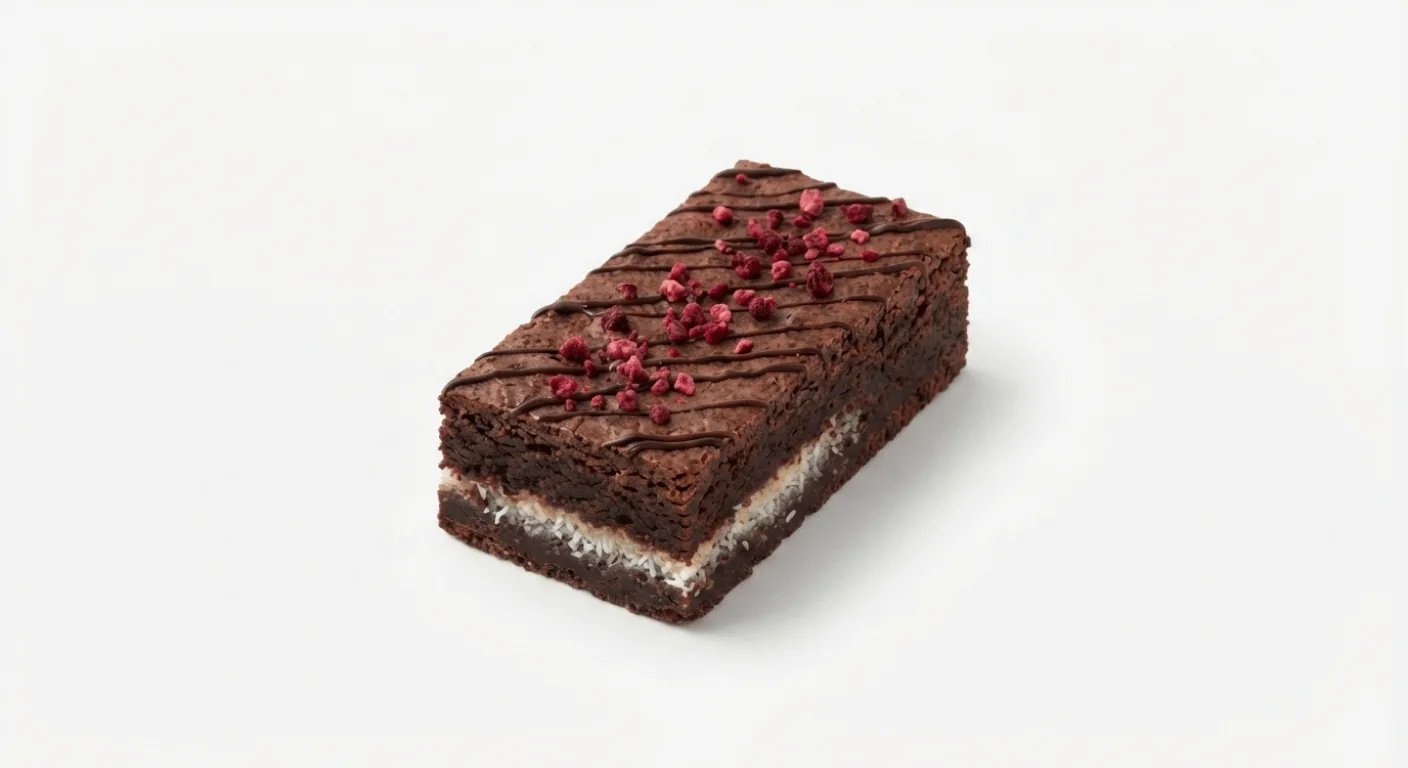 Starbucks Raspberry & Coconut Brownie, chocolate brownie slab with raspberry pieces and a coconut layer, nutrition and calories