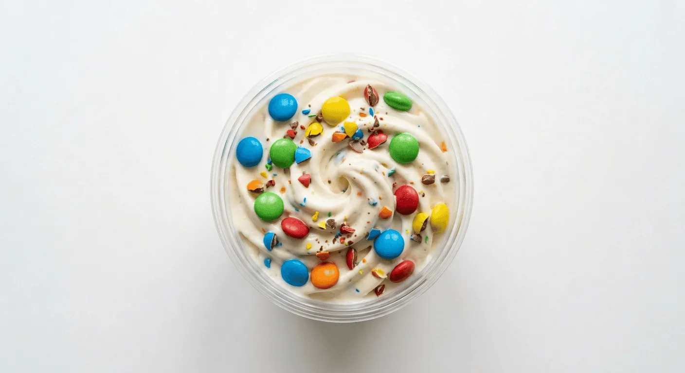 McDonald's Smarties Mini McFlurry, soft serve ice cream mixed with Smarties in a small cup, seen from above, nutrition and calories