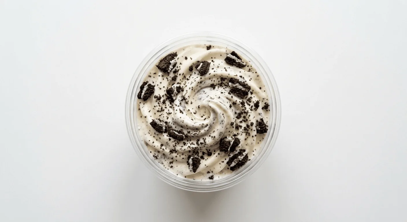 McDonald's Oreo Mini McFlurry, soft serve ice cream mixed with Oreo cookie pieces in a small cup, seen from above, nutrition and calories