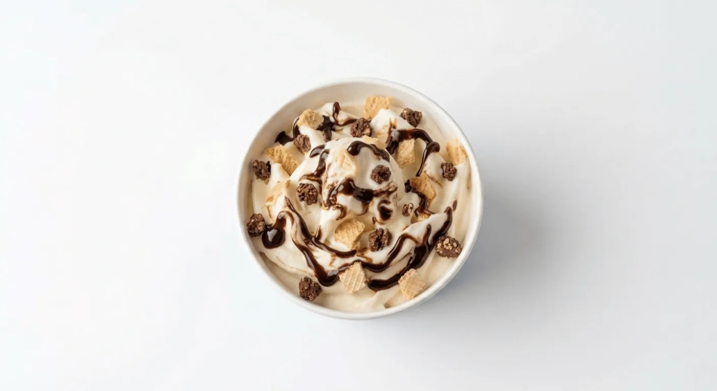 McDonald's Cornetto Classico Mini McFlurry, soft serve ice cream with chocolate sauce and wafer pieces in a small cup, seen from above, nutrition and calories