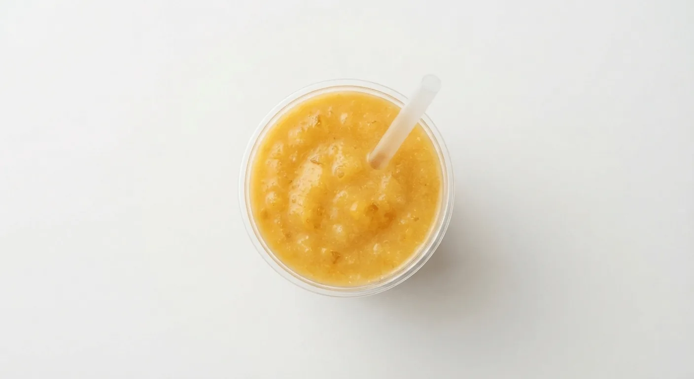 McDonald's Mango & Pineapple Smoothie (Large), mango and pineapple smoothie in a clear cup with a straw, seen from above, nutrition and calories
