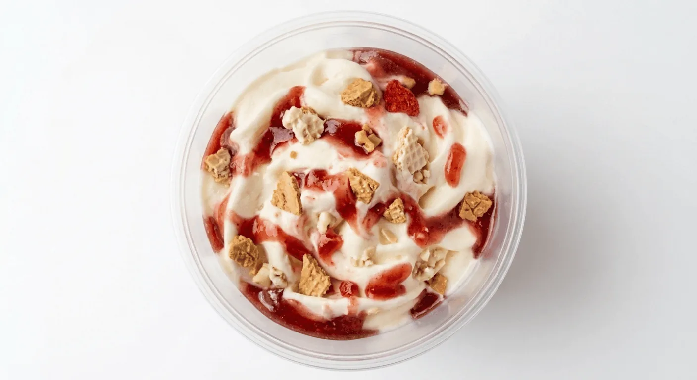 McDonald's Cornetto Strawberry McFlurry (Regular), soft serve ice cream with strawberry sauce and wafer pieces in a small cup, seen from above, nutrition and calories