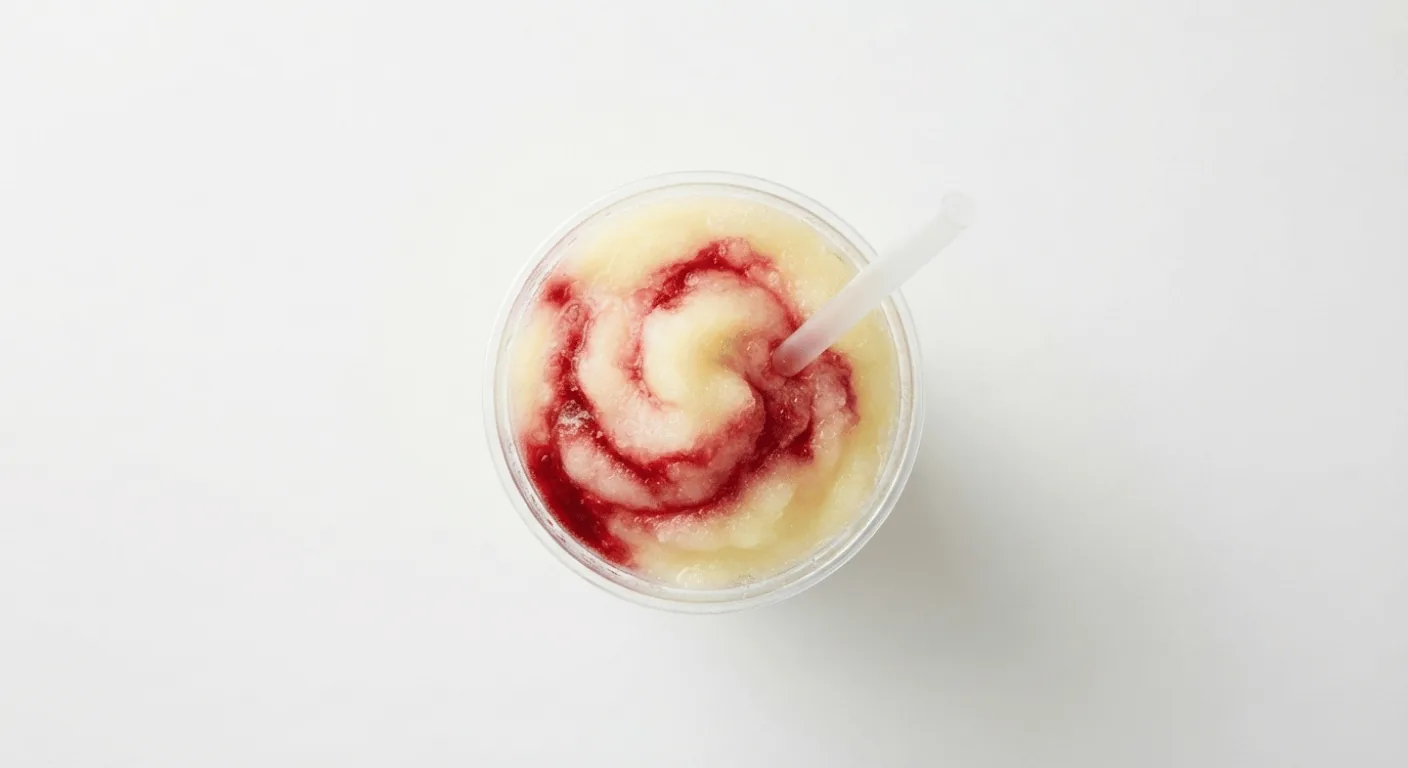 McDonald's Frozen Cherry Lemonade (Large), frozen lemonade slush swirled with cherry syrup in a clear cup, seen from above, nutrition and calories