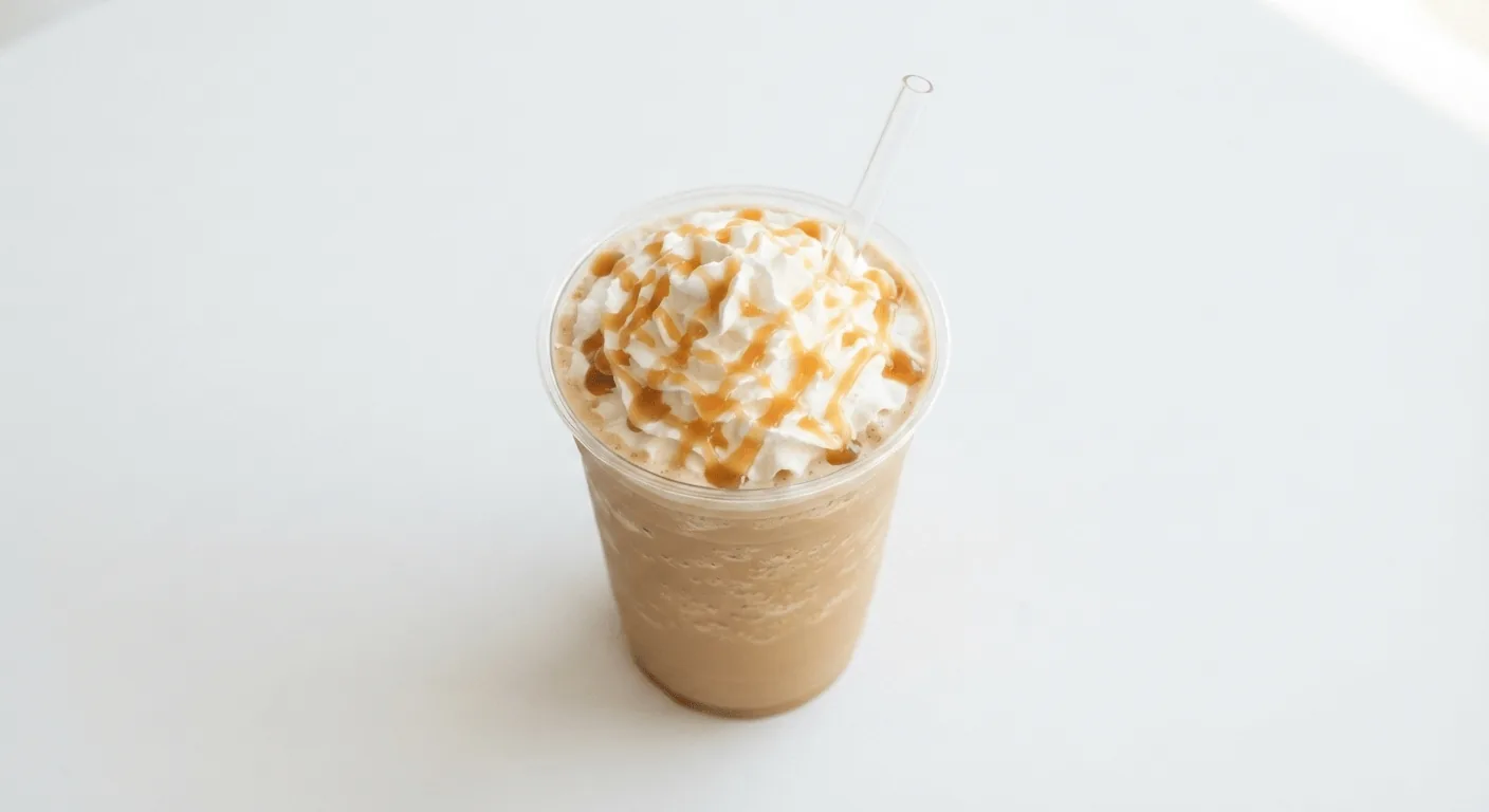 McDonald's Caramel Iced Frappé (Regular), iced caramel frappe topped with whipped cream and caramel in a clear cup, nutrition and calories