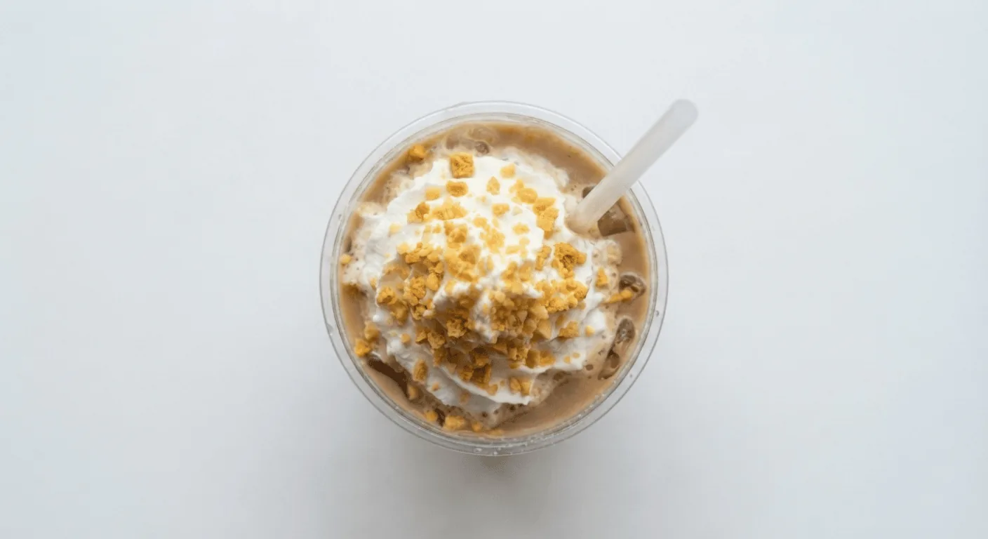 McDonald's Chocolate Honeycomb Frappé (Large), chocolate frappe topped with whipped cream and honeycomb pieces in a clear cup, nutrition and calories