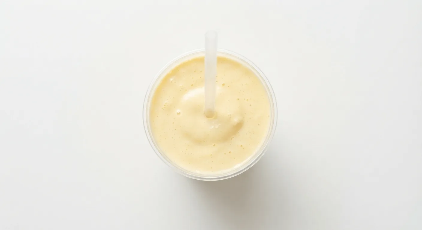 McDonald's Banana Milkshake (Large), banana milkshake in a clear cup with a straw, seen from above, nutrition and calories