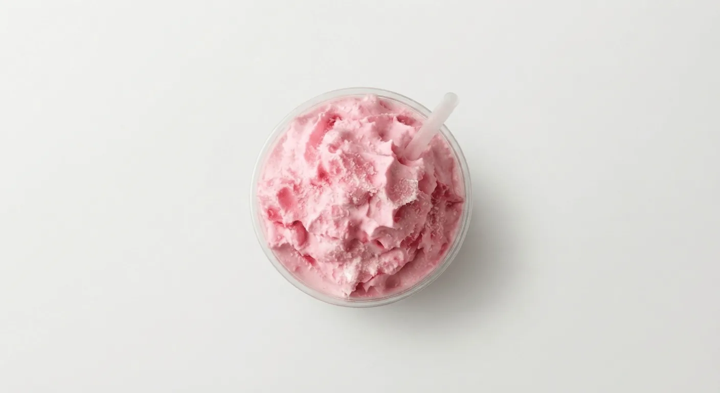 McDonald's Strawberry Candyfloss Frappé (Regular), pink strawberry frappe topped with candyfloss-coloured cream in a clear cup, nutrition and calories