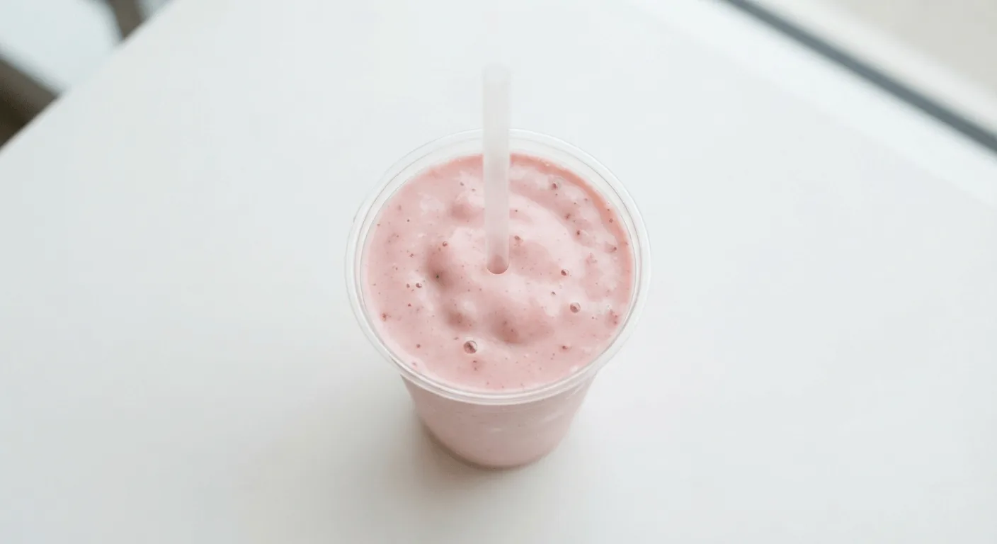 McDonald's Strawberry Milkshake (Medium), strawberry milkshake in a clear cup with a straw, nutrition and calories