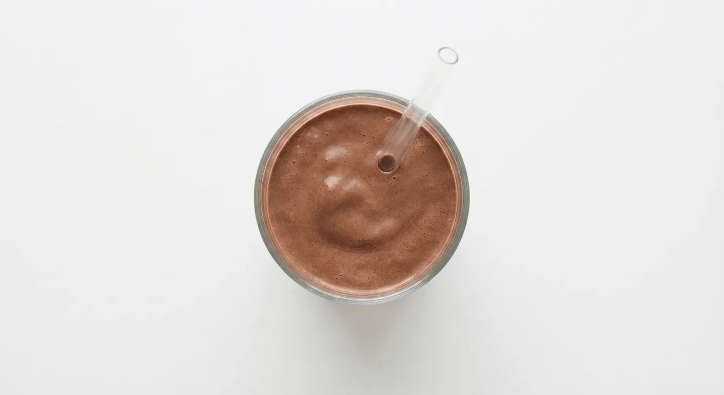 McDonald's Chocolate Milkshake (Large), chocolate milkshake in a clear cup with a straw, seen from above, nutrition and calories