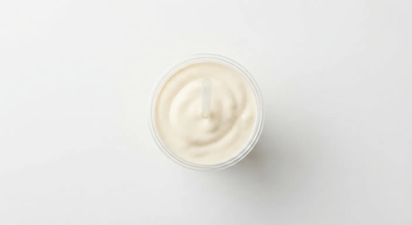 McDonald's Vanilla Milkshake (Large), vanilla milkshake in a clear cup, seen from above, nutrition and calories