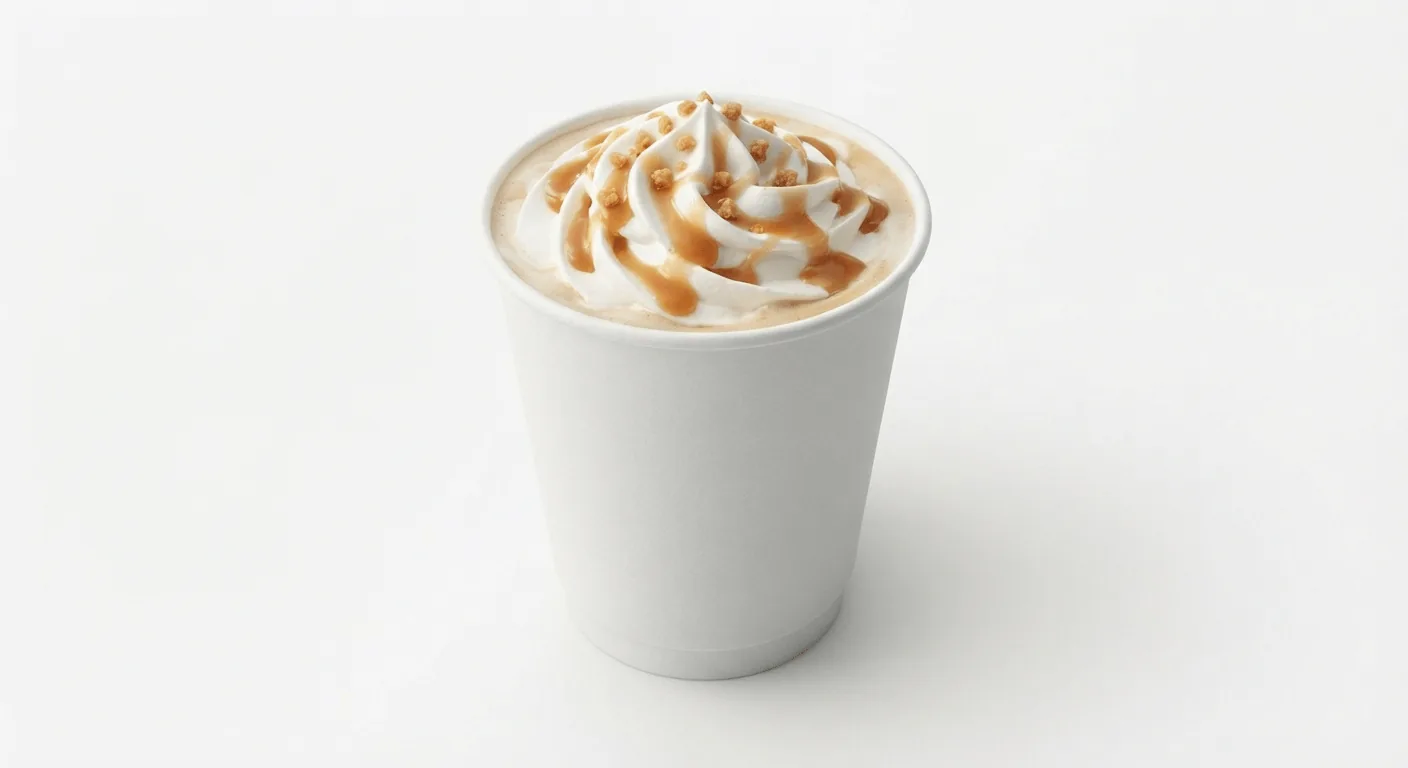 McDonald's Toffee Latte, toffee latte topped with whipped cream and toffee sauce in a white paper cup, nutrition and calories