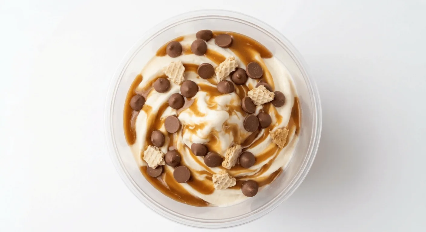 McDonald's Galaxy Caramel McFlurry, soft serve ice cream with caramel sauce and chocolate pieces in a clear cup, seen from above, nutrition and calories
