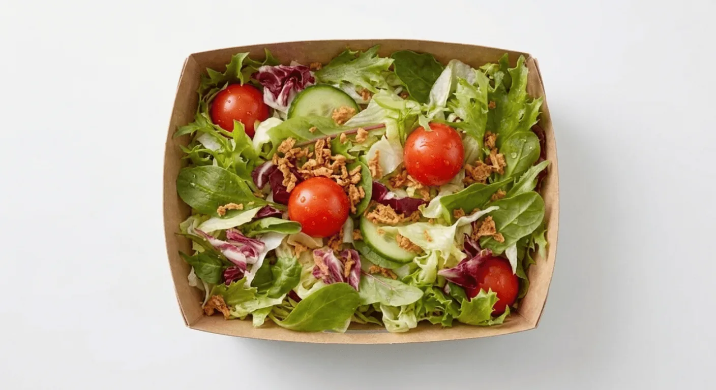 McDonald's Side Salad, mixed leaf side salad with cherry tomatoes and cucumber in a paper tray, nutrition and calories