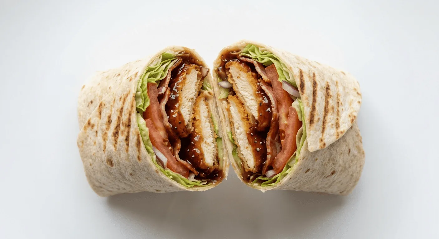McDonald's Crispy BBQ & Bacon Wrap, toasted wrap cut in half filled with crispy chicken, bacon, BBQ sauce and lettuce, nutrition and calories