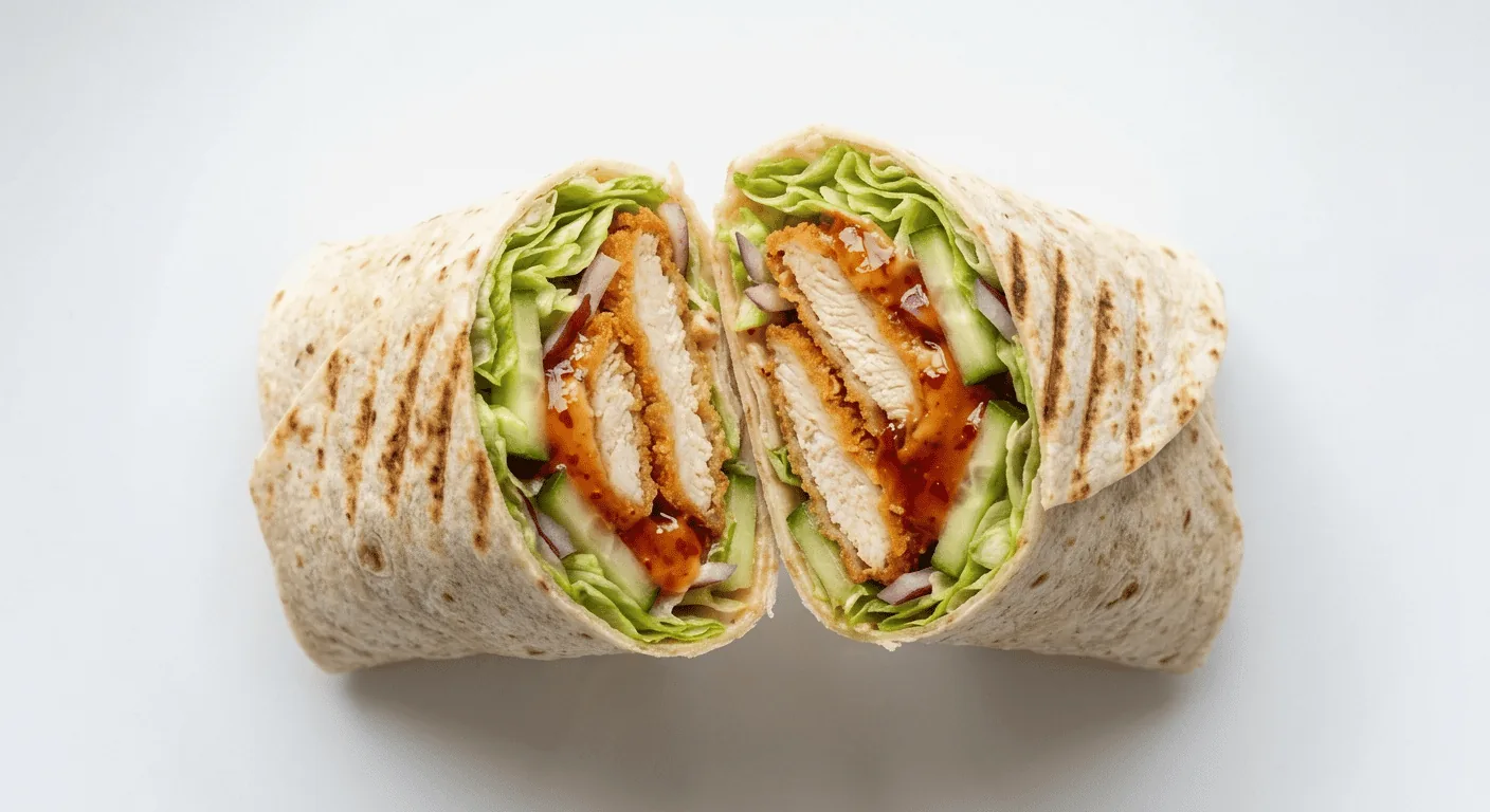 McDonald's Crispy Sweet Chilli Chicken Wrap, toasted wrap cut in half filled with crispy chicken, sweet chilli sauce and lettuce, nutrition and calories