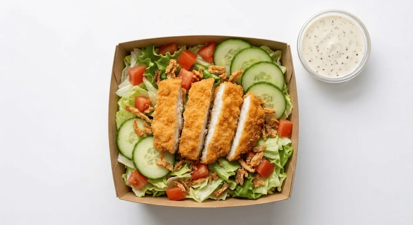 McDonald's Crispy Chicken Salad, salad with sliced crispy chicken, tomato and cucumber in a paper tray with a dressing pot, nutrition and calories