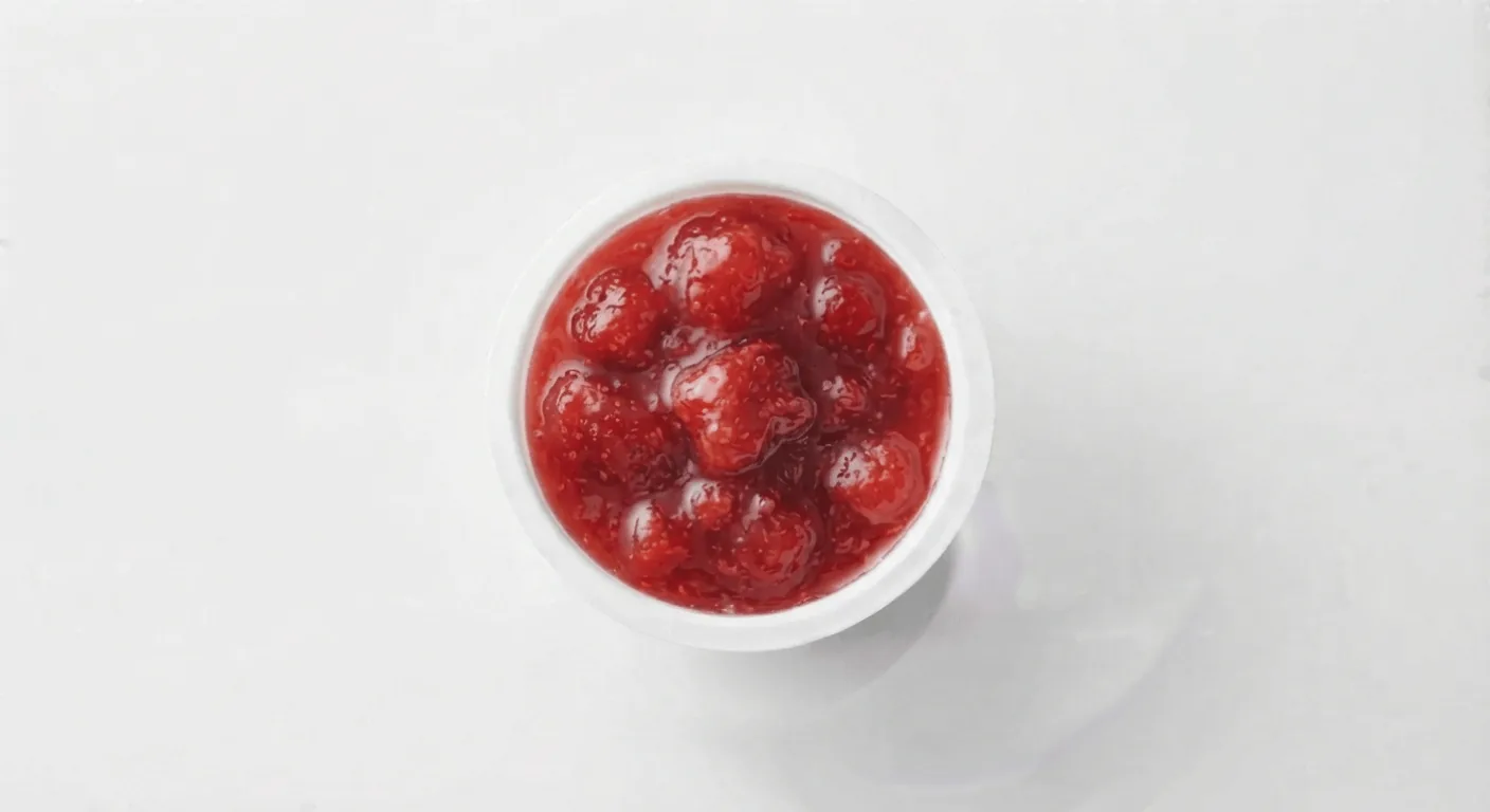 McDonald's Strawberry Jam, strawberry jam in a small white pot, seen from above, nutrition and calories