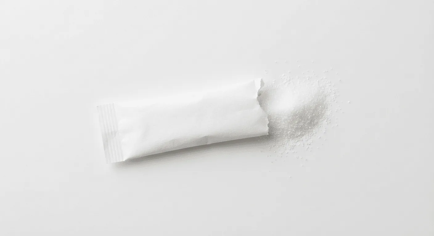 McDonald's Canderel Yellow Sweetener Sachet, paper sugar stick with spilled sugar, nutrition and calories