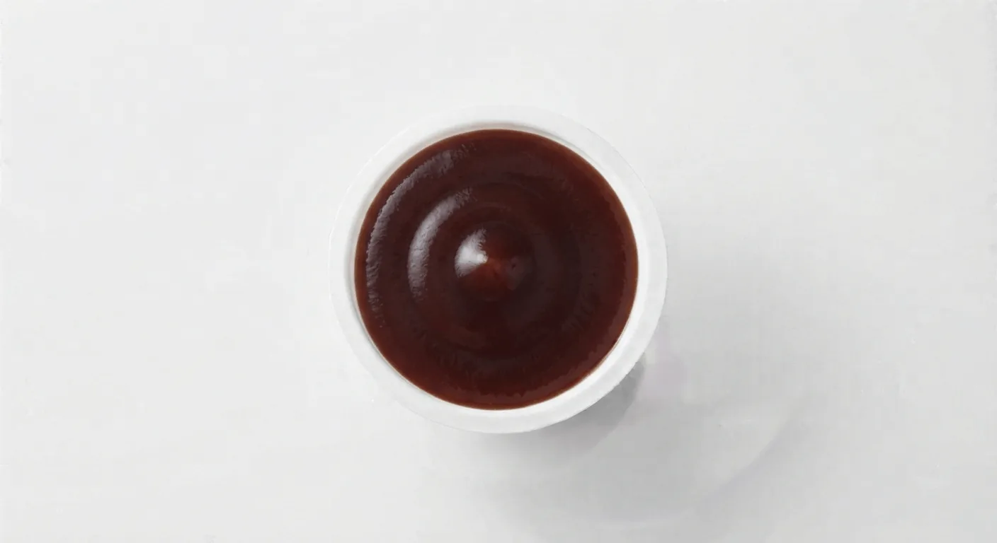 McDonald's Sweet & Smoky BBQ Dip, dark sweet and smoky BBQ dip in a small white pot, seen from above, nutrition and calories