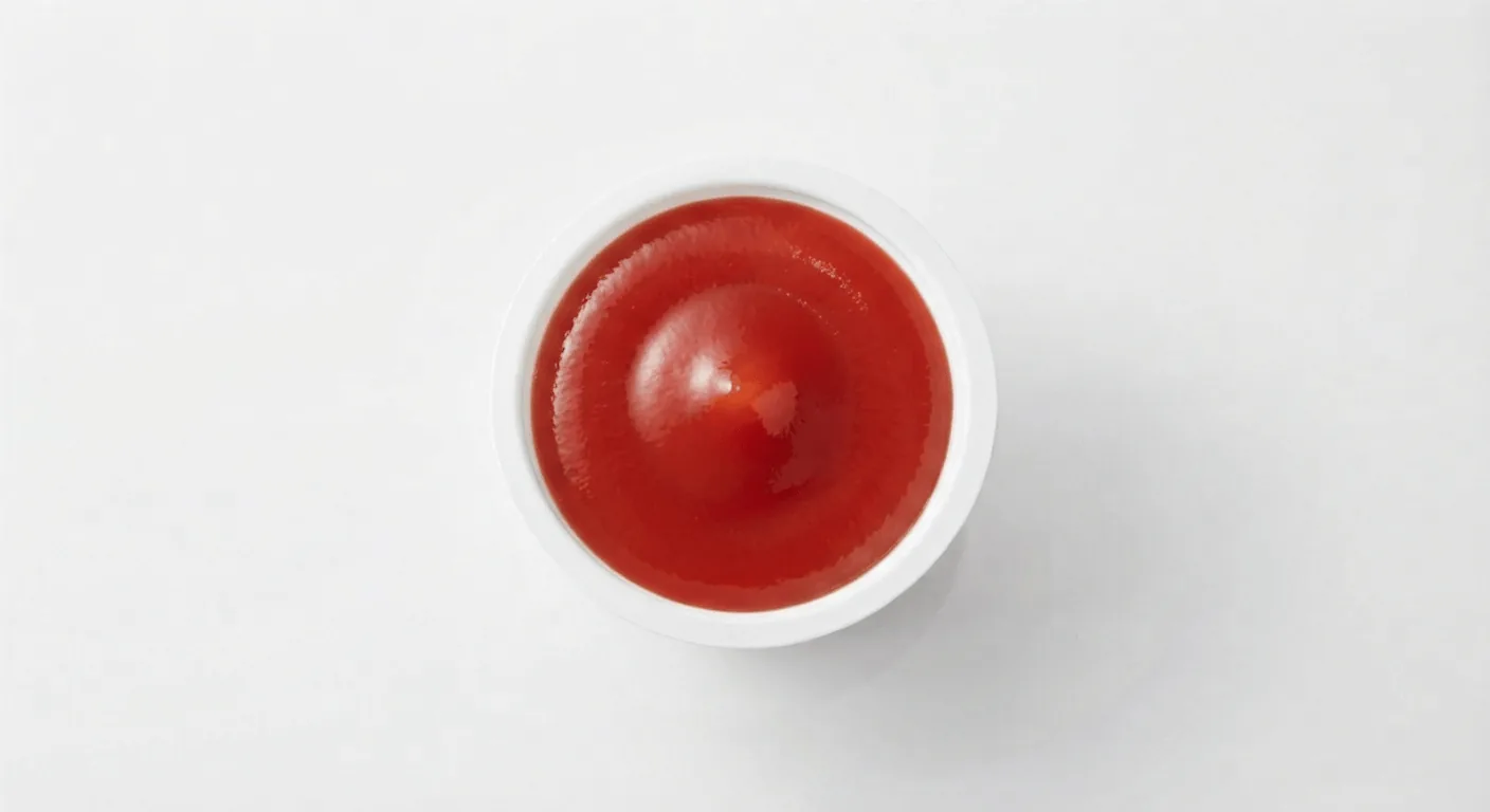 McDonald's Tomato Ketchup, tomato ketchup in a small white pot, seen from above, nutrition and calories