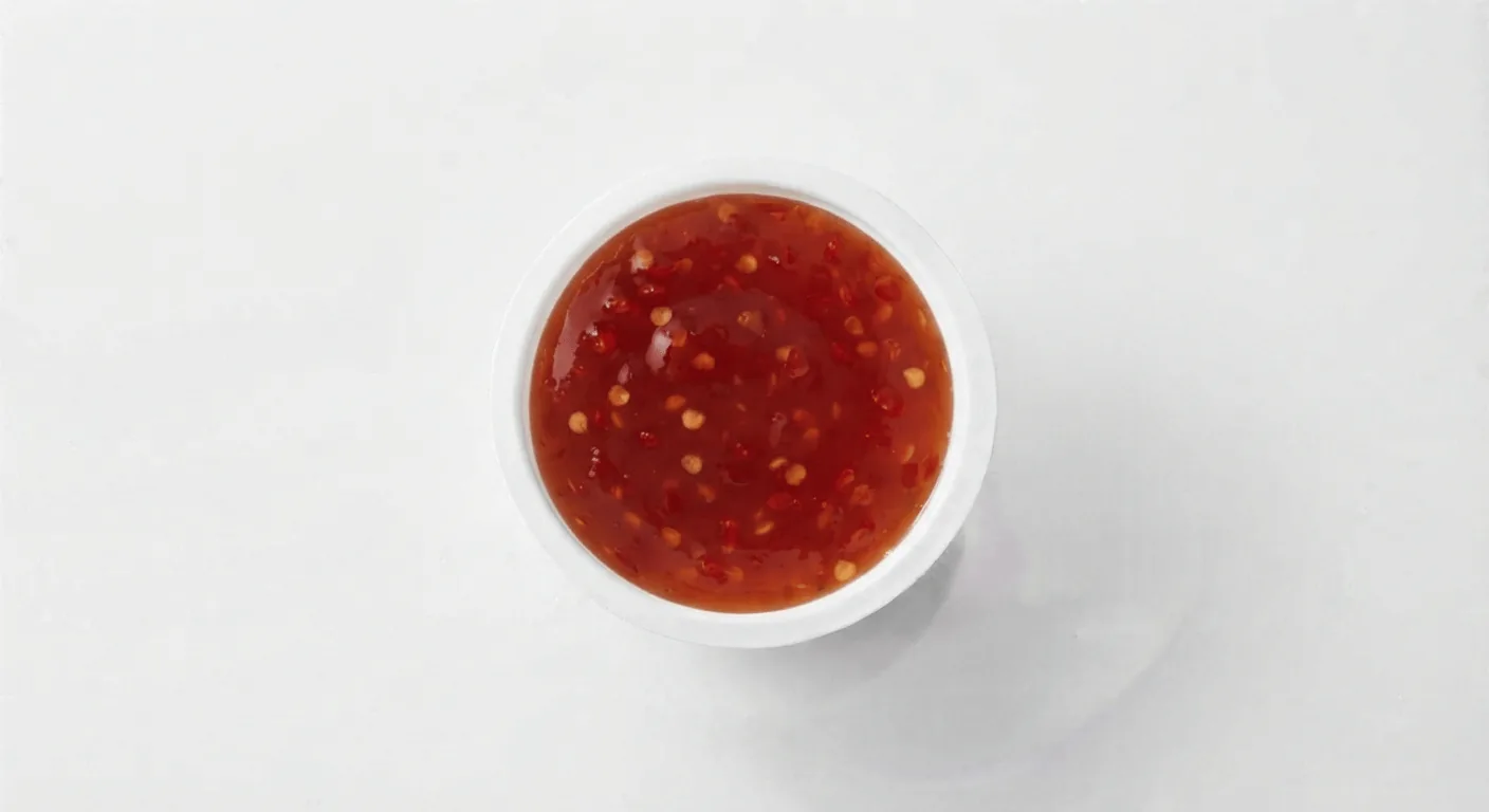 McDonald's Sweet Chilli Dip, sweet chilli dip in a small white pot, seen from above, nutrition and calories