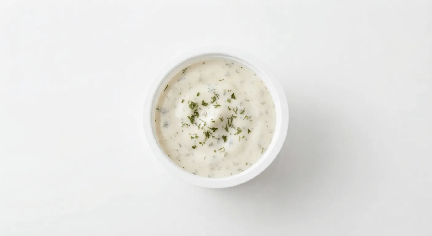 McDonald's Ranch Dip, ranch dip with herbs in a small white pot, seen from above, nutrition and calories