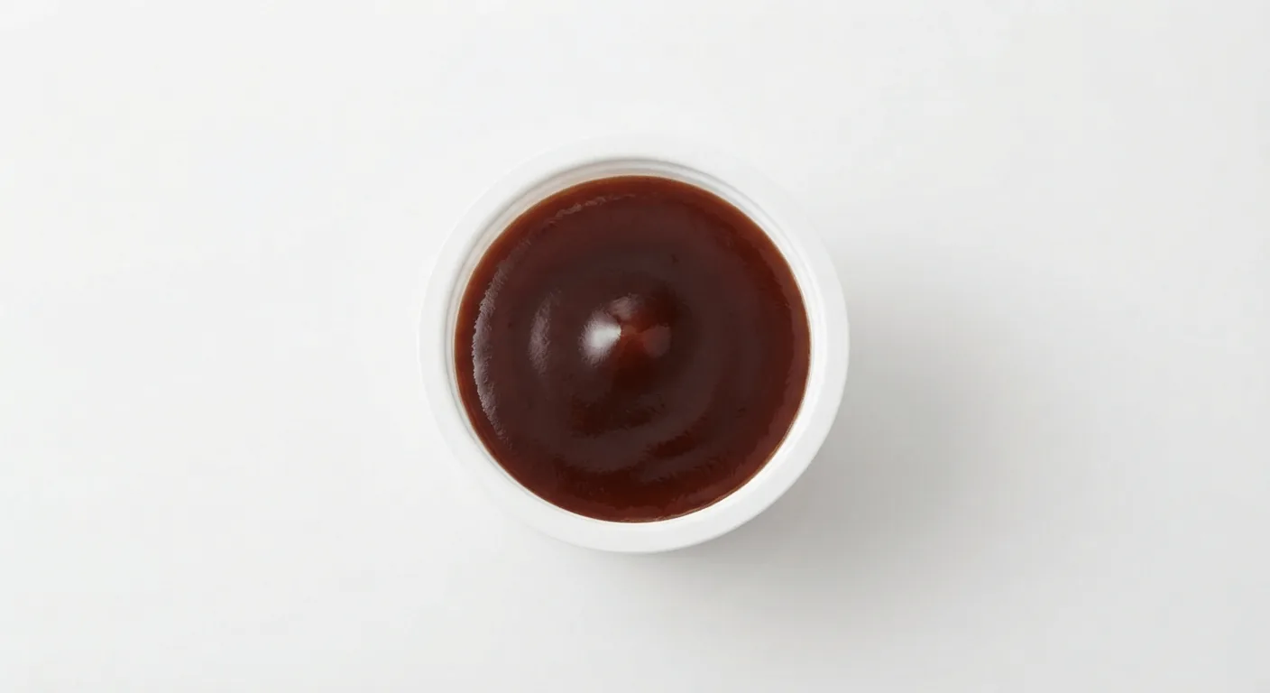 McDonald's Korean BBQ Dip, dark Korean BBQ dip in a small white pot, seen from above, nutrition and calories