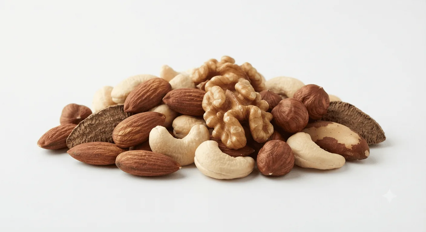 Mixed Nuts, pile of mixed nuts including almonds, walnuts, cashews and Brazil nuts, nutrition and calories