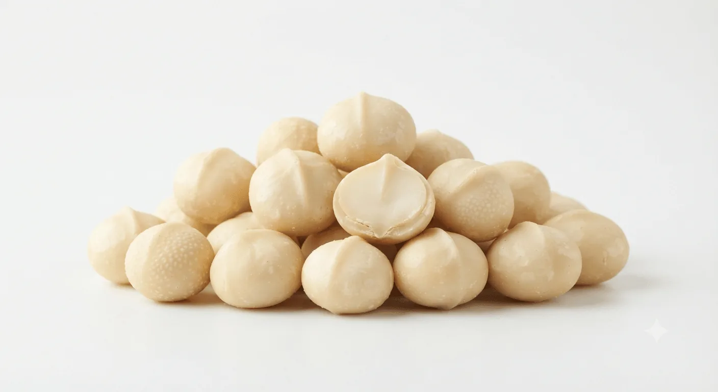 Macadamia Nuts, pile of round shelled macadamia nuts, nutrition and calories