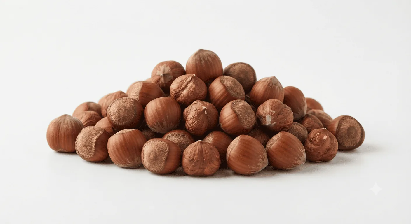 Hazelnuts, pile of whole hazelnuts, nutrition and calories