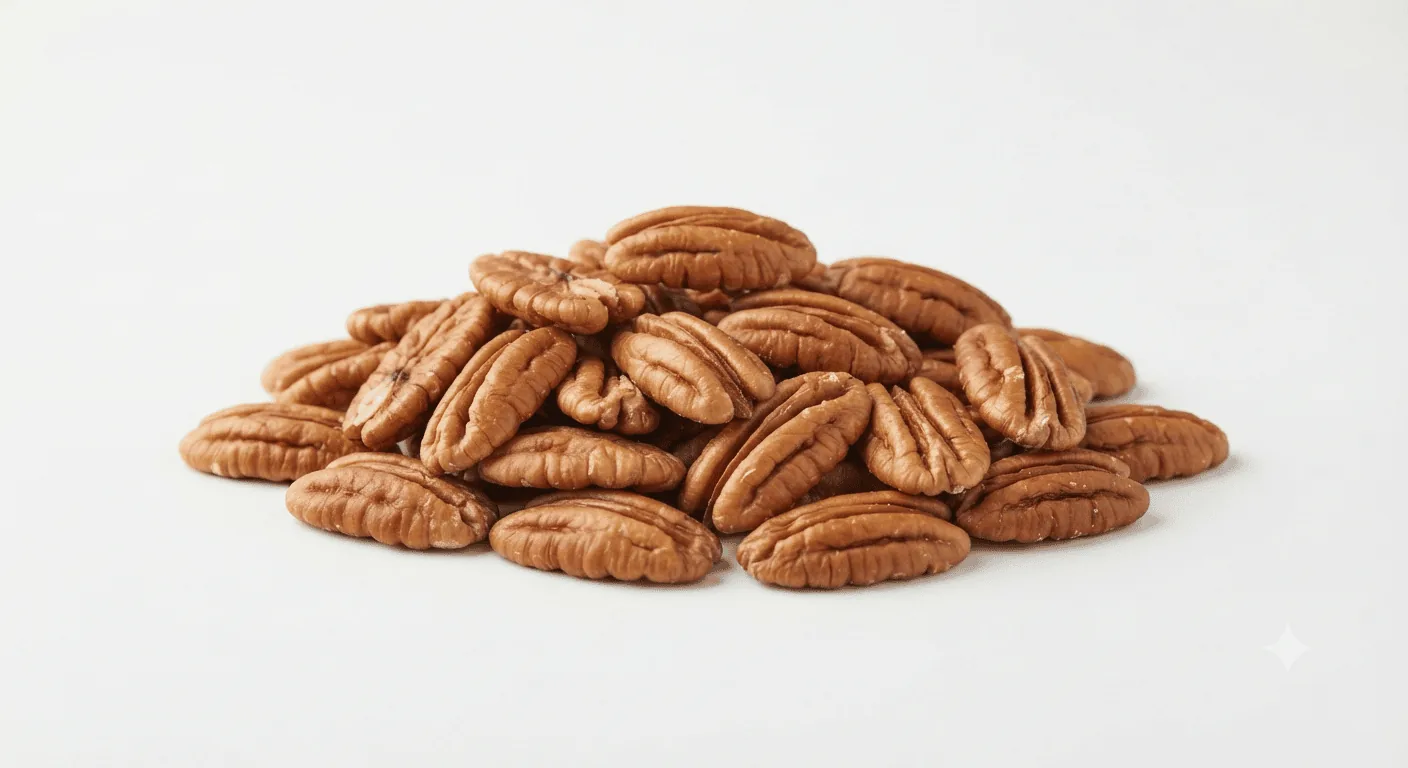 Pecans, pile of pecan halves, nutrition and calories
