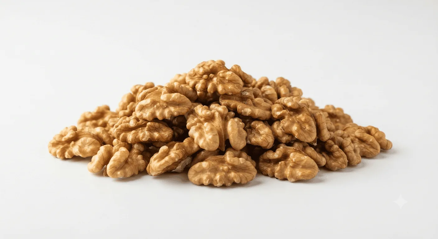 Walnuts, pile of walnut halves, nutrition and calories